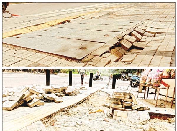 47 करोड़ से बनी सीएम ग्रिड की सड़क का फुटपाथ बारिश नहीं झेल पाया, हुए गढ्ढे